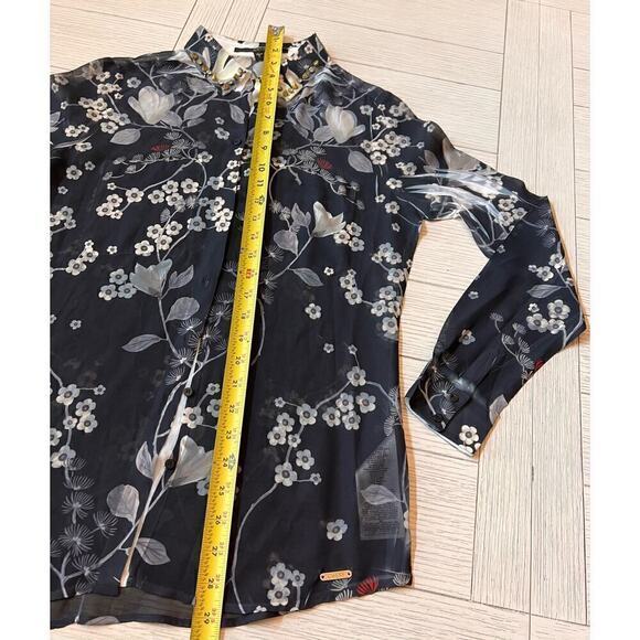 Guess poly button down embellished collar semi sheer floral‎ print shirt. Sz S - Picture 5 of 6